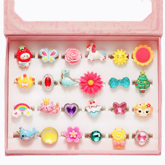 Adjustable Pretend Play Girl Jewel Rings Set