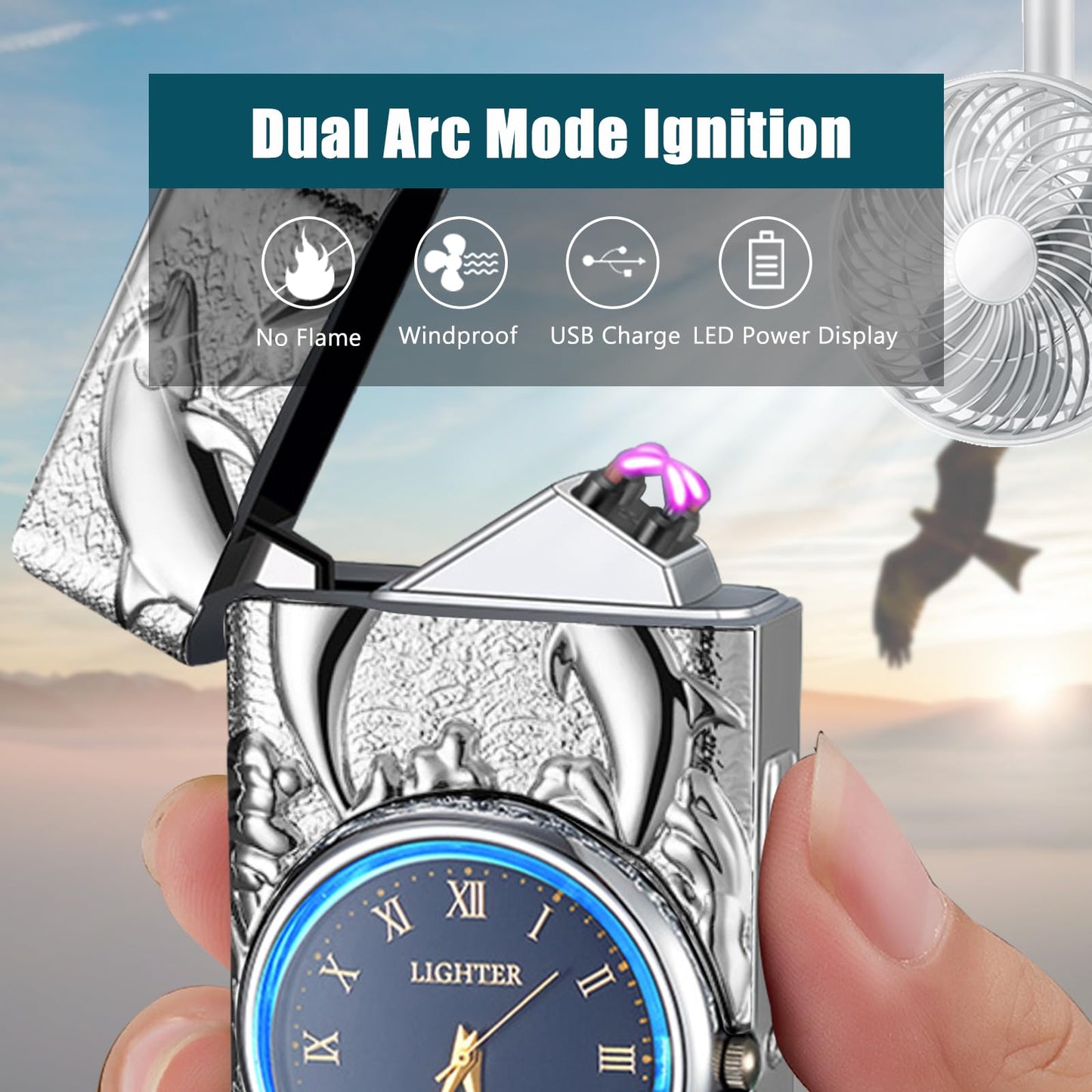 USB Rechargeable Plasma Arc Lighter with Clock Dial and Flashlight