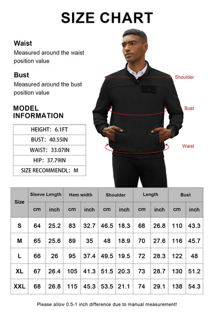 hawalili Mens Button Pullover Quilted Sweatshirt Casual Long Sleeve Mock Neck Sweater Polo with Pocket Black Small