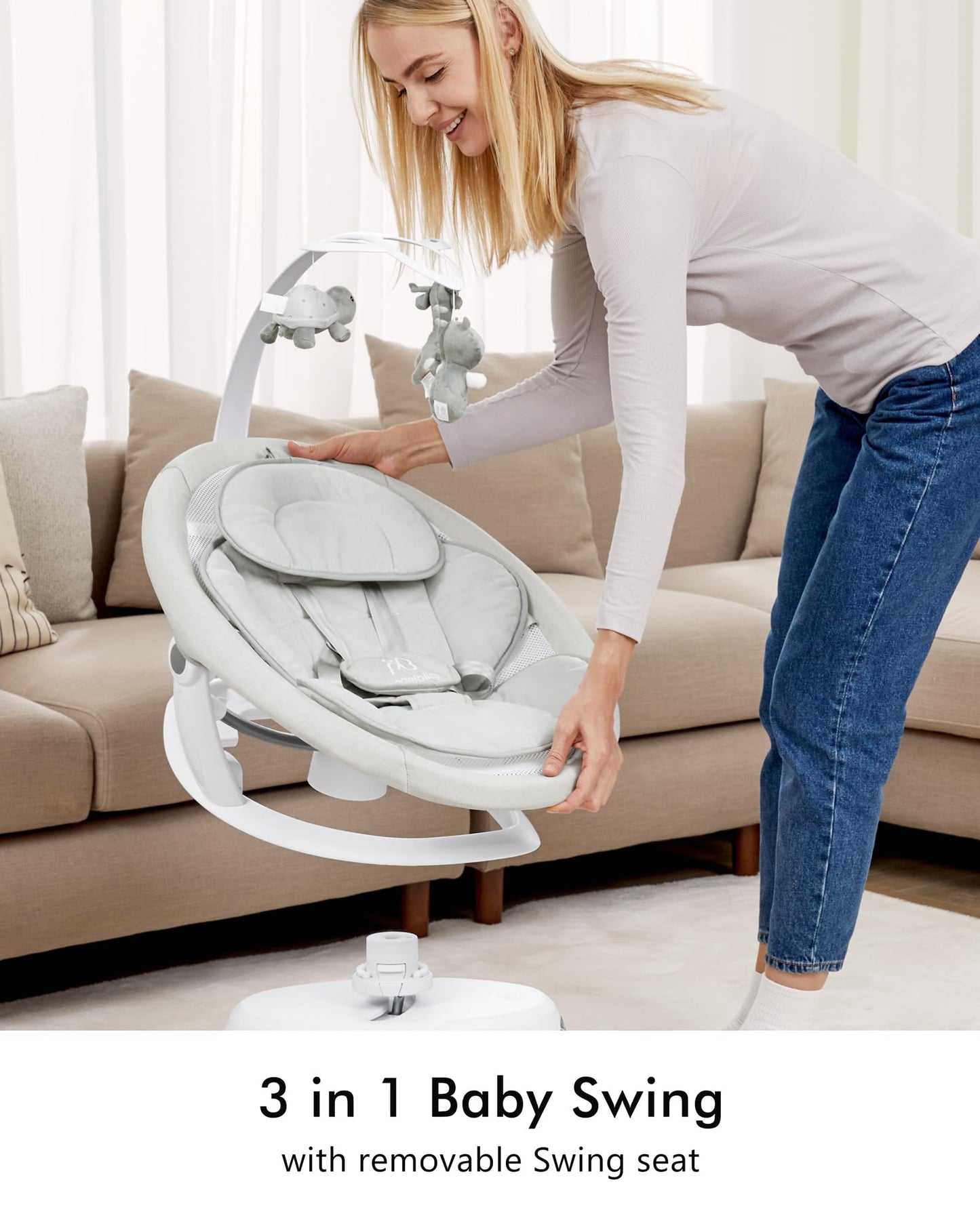 Angelbliss 3 in 1 Baby Swing with Motion Detection, Portable Baby Swings for Infants with Removable Rocker & Stationary Seat, Bluetooth Enabled with 3 Unique Motions (White)