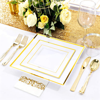 50 Guest Gold Disposable Plates and Utensils Set