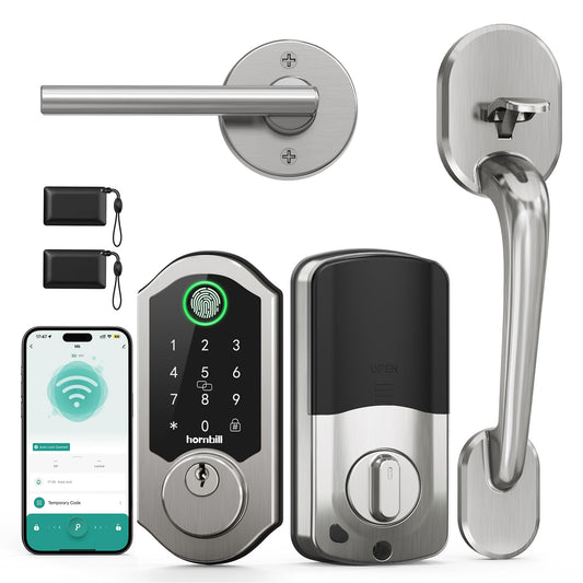 Hornbill Smart Door Lock Set: WiFi Deadbolt with Handles, Keypad, Fingerprint, Alexa, Heavy Duty Satin Nickel