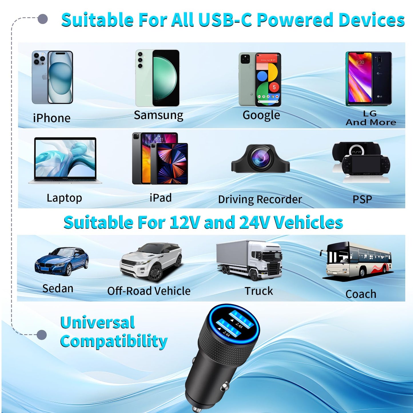 4.8A Dual USB Car Charger with 2 Pack Cable