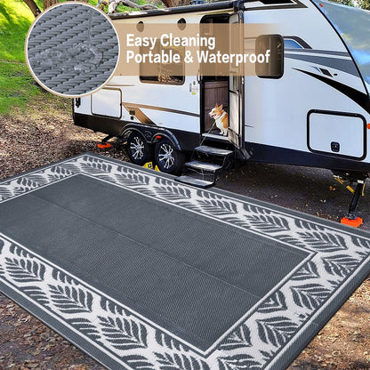 HUGEAR Outdoor Plastic Straw Rug, Waterproof Mat, Washable Large Floor Mat and Rug for Outdoors, RV, Beach, Patio, Camping, Backyard, Deck, Picnic,Indoor Outside (Olive-Leaf/Grey&White,6x9ft)