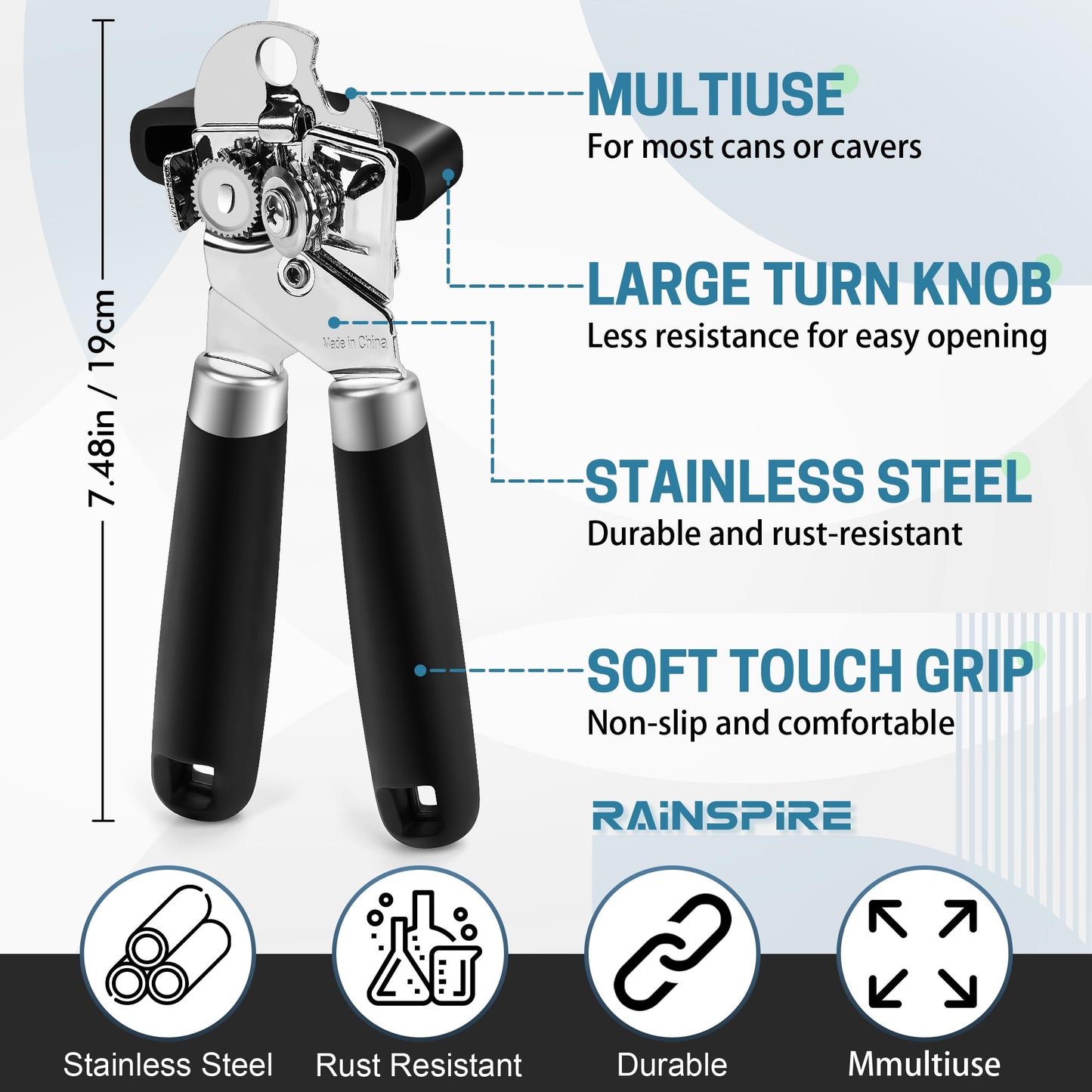 Rainspire Can Opener Manual Handheld Strong Manual Can Opener Smooth Edge Cut, Can Opener Heavy Duty, Comfortable Soft Handle, Built-in Bottle Opener, Black