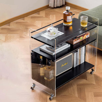 VRFRSX Acrylic Black Bar Cart,Wine Rack Cart,Wine Tea Liquor Shelve,Serving Carts,Kitchen Cart with Lockable Casters, Acrylic Home Furniture,26.4" L x 14.2" W x 27.6" H,3-Tier
