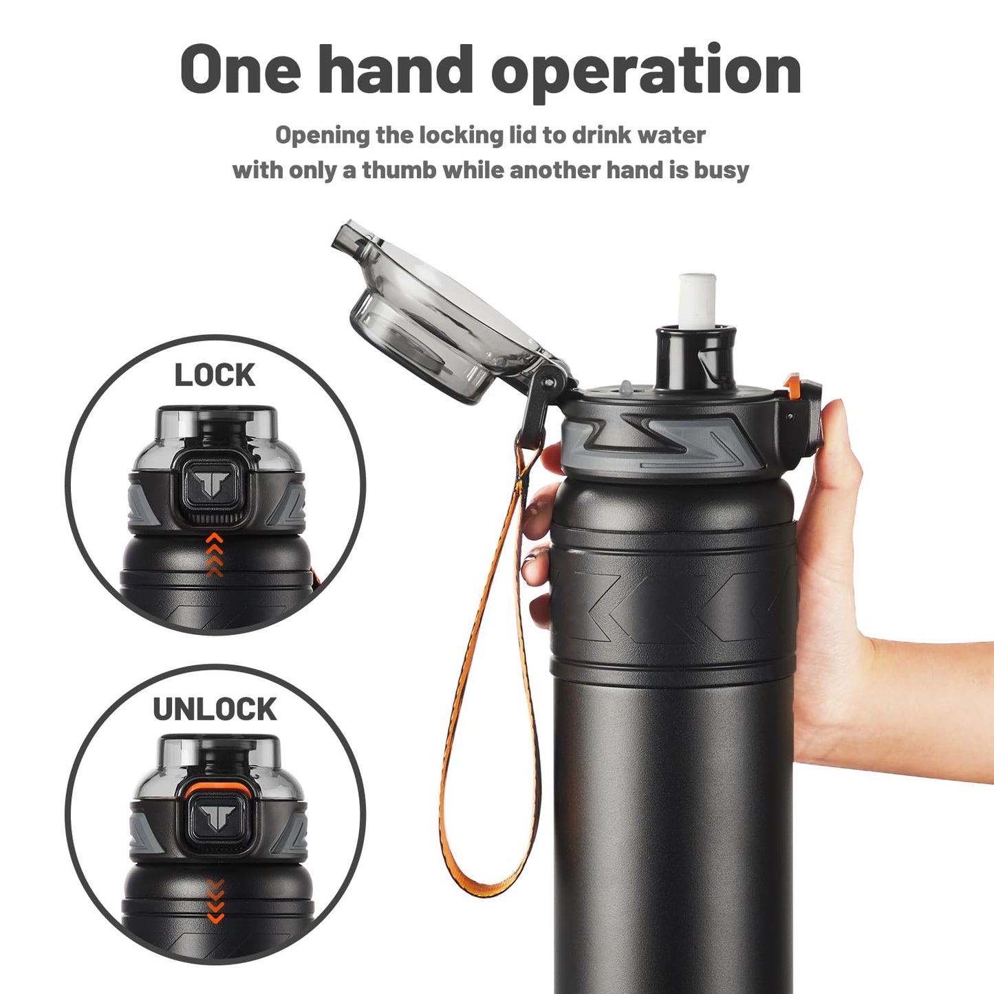 TKK 24 oz Insulated Water Bottle with Straw, Leak Proof Stainless Steel Double Wall Vacuum Thermos with Strap, Reusable Metal Sports Water Bottle for Hot & Cold Drinks, Dishwasher Safe, Black