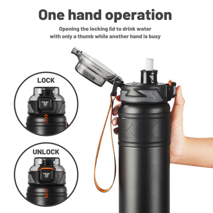 TKK 24 oz Insulated Water Bottle with Straw, Leak Proof Stainless Steel Double Wall Vacuum Thermos with Strap, Reusable Metal Sports Water Bottle for Hot & Cold Drinks, Dishwasher Safe, Black