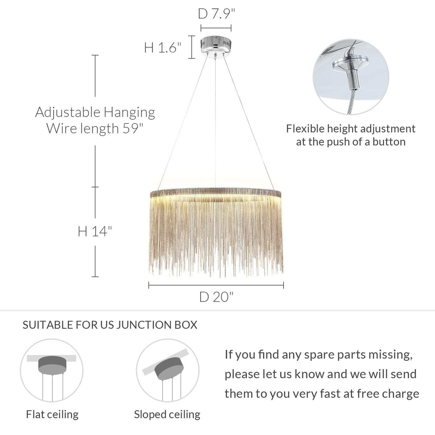 Siljoy Modern Round Aluminum Tassel Chandelier, LED Linear Chrome Chain Pendant Light Stainless Steel Ring Suspension Lighting Fixture for Dining Room Kitchen Island Dia 20" x H14