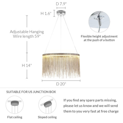 Siljoy Modern Round Aluminum Tassel Chandelier, LED Linear Chrome Chain Pendant Light Stainless Steel Ring Suspension Lighting Fixture for Dining Room Kitchen Island Dia 20" x H14