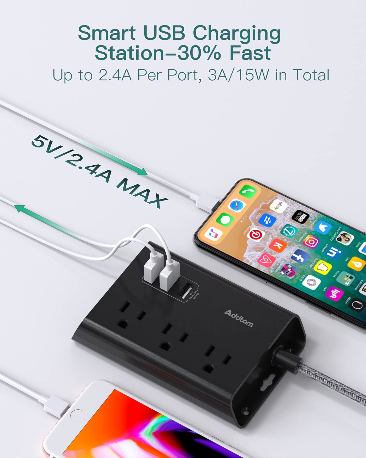 Addtam Power Strip with 3 USB Ports