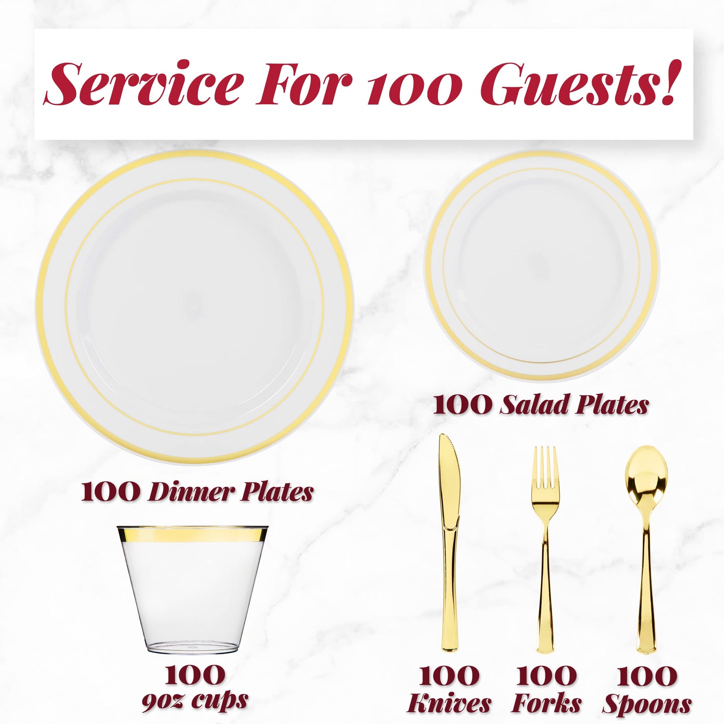 Prestee 600 Piece Disposible Dinnerware Set for 100 Guests - Gold - Reusable Party Supplies Set incl. 100 Big Dinner Plates, 100 Small Salad Plates, 100 Knives, 100 Forks, 100 Spoons and 100 Cups