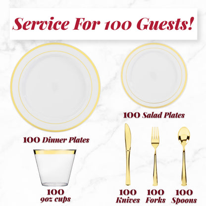 Prestee 600 Piece Disposible Dinnerware Set for 100 Guests - Gold - Reusable Party Supplies Set incl. 100 Big Dinner Plates, 100 Small Salad Plates, 100 Knives, 100 Forks, 100 Spoons and 100 Cups