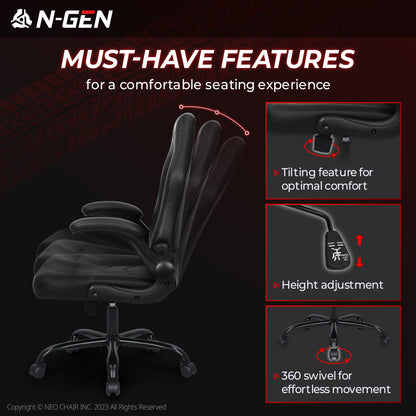 N-GEN Video Gaming Computer Chair Ergonomic Office Chair Desk Chair with Lumbar Support Flip Up Arms Adjustable Height Swivel PU Leather Executive with Wheels for Adults Women Men (Black)