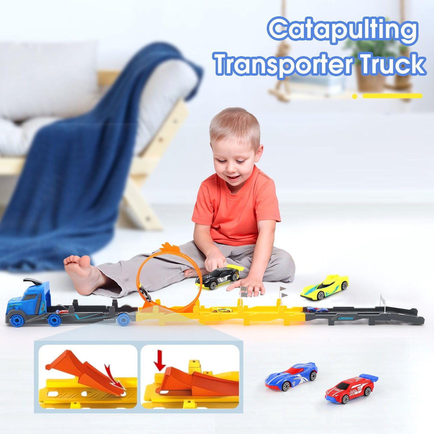 HSEONEJIA Toddler Car Race Track Truck Toy Set, 57 INCH Deformable Mega Hauler Transporter Truck with 4 Small Race Cars, Birthday for Kids Boys Girls Age 2 3 4 5 Years Old