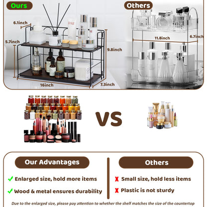 Edergoo Bathroom Counter Organizer 10s Tool-Free Install, 2 Tier Bathroom Organizers and Storage, Collapsible Bathroom Organizer Countertop, Wood Bathroom Kitchen Countertop Organizer, Black