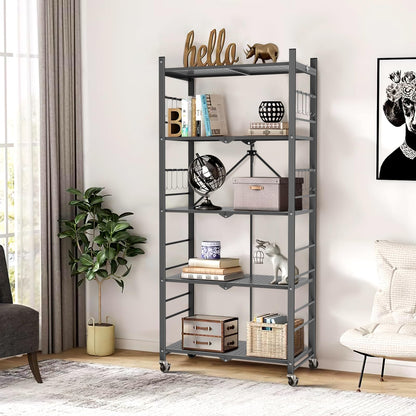 Himix Storage Shelves with 20 Hooks, 5-Tier Foldable Shelves for Storage, Folding Shelf Unit Pantry Shelves Bookshelf with Wheels, Vendor Display Racks for Craft Shows, Home, Office - No Assembly