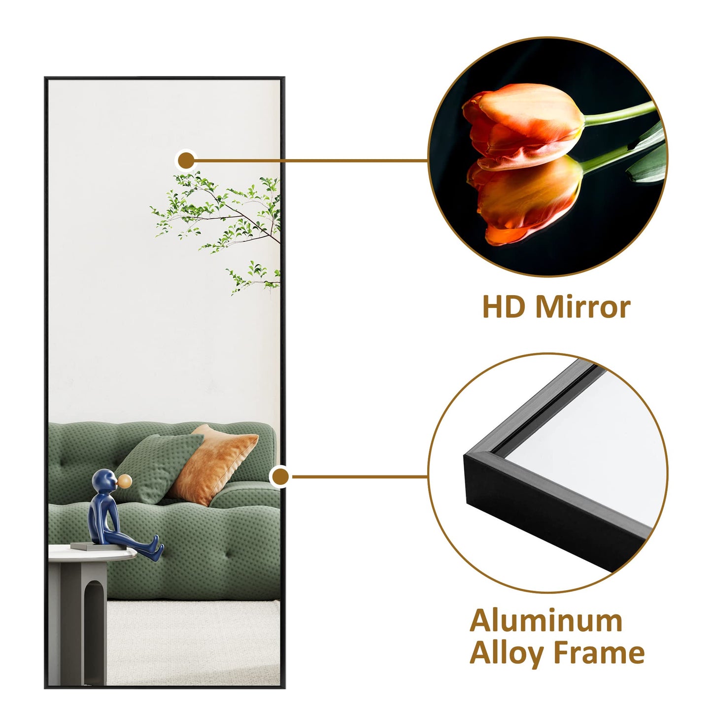 self Full Length Floor Mirror 43"x16" Large Rectangle Wall Mirror Hanging or Leaning Against Wall for Bedroom, Dressing and Wall-Mounted Thin Frame Mirror - Black, 43" x 16" (USAM004)