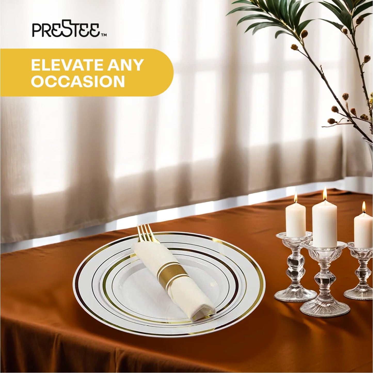 Prestee 350-piece Disposable Party Dinnerware Set for 50 Guests - Gold Dinnerware Sets Disposable with Plates, Cups, Knives, Forks, Spoons - Elegant Reusable Wedding Reception and Events Supplies