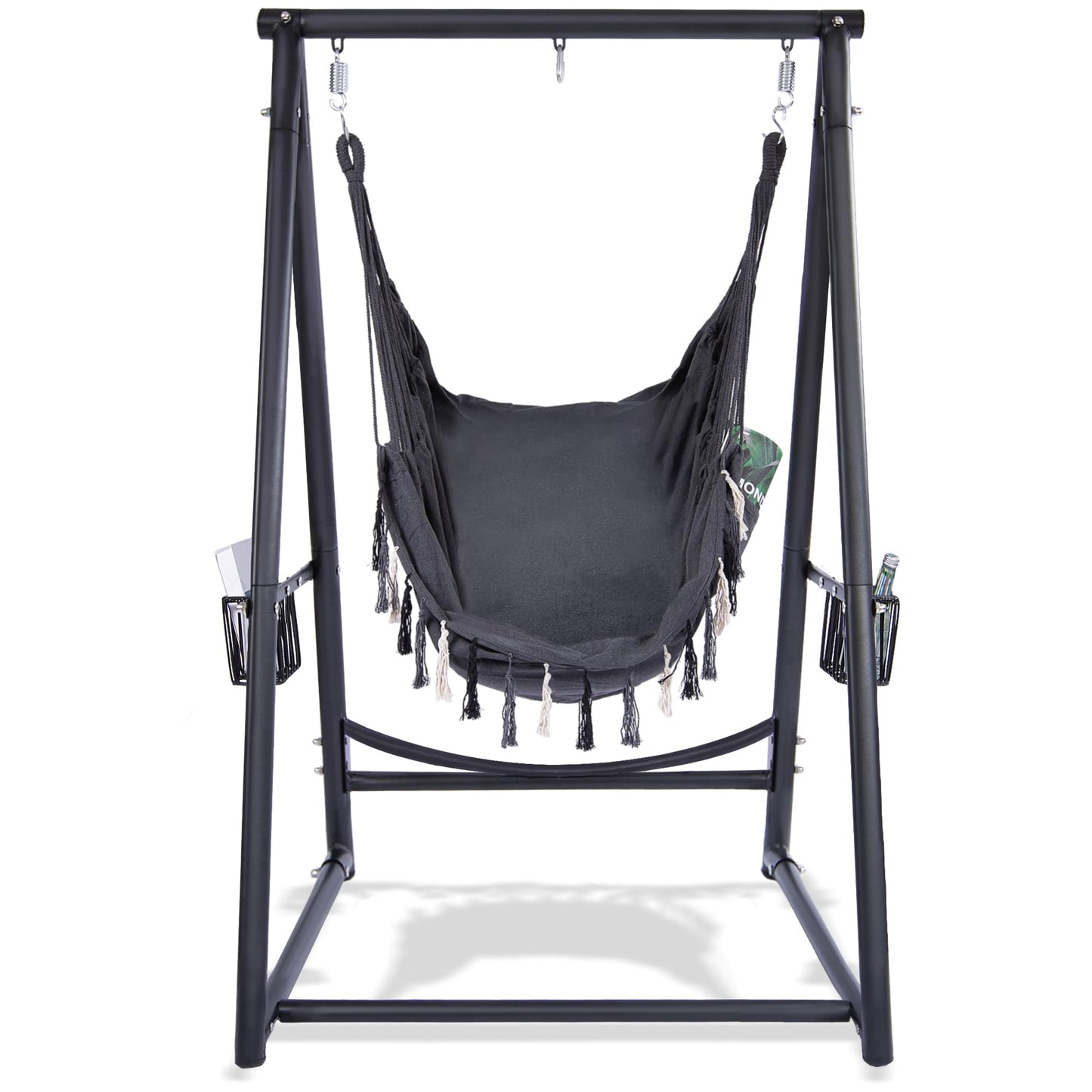 Hammock Chair Hanging Rope Swing & Stand Set with Two Holders, Heavy Duty Hanging Stand with Three Hooks, Multi-Use for Indoor Outdoor Patio Yard Garden (Black)