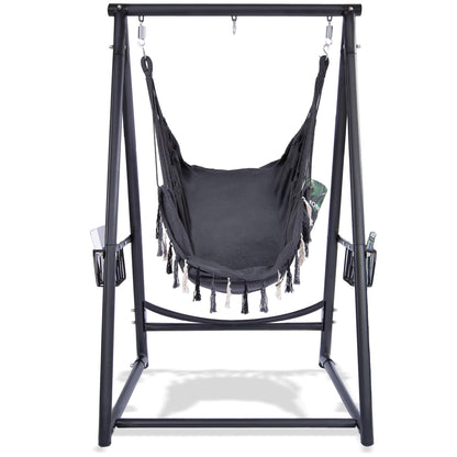 Hammock Chair Hanging Rope Swing & Stand Set with Two Holders, Heavy Duty Hanging Stand with Three Hooks, Multi-Use for Indoor Outdoor Patio Yard Garden (Black)