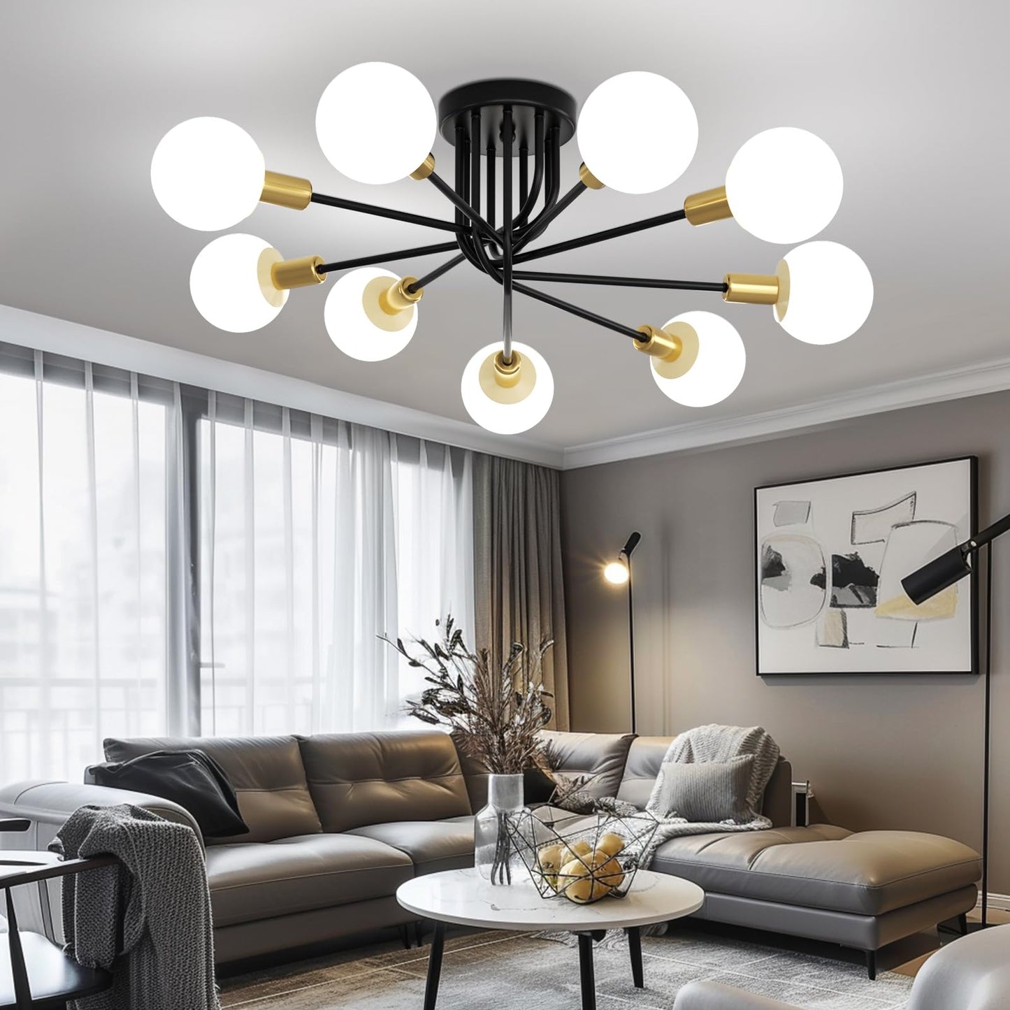 FRIDEKO HOME Modern Sputnik Ceiling Light- 9 Light Semi Flush Mount Ceiling Light Fixture Industrial Ceiling Lamp Black and Gold Chandelier for Farmhouse Kitchen Dining Room Bedroom Living Room