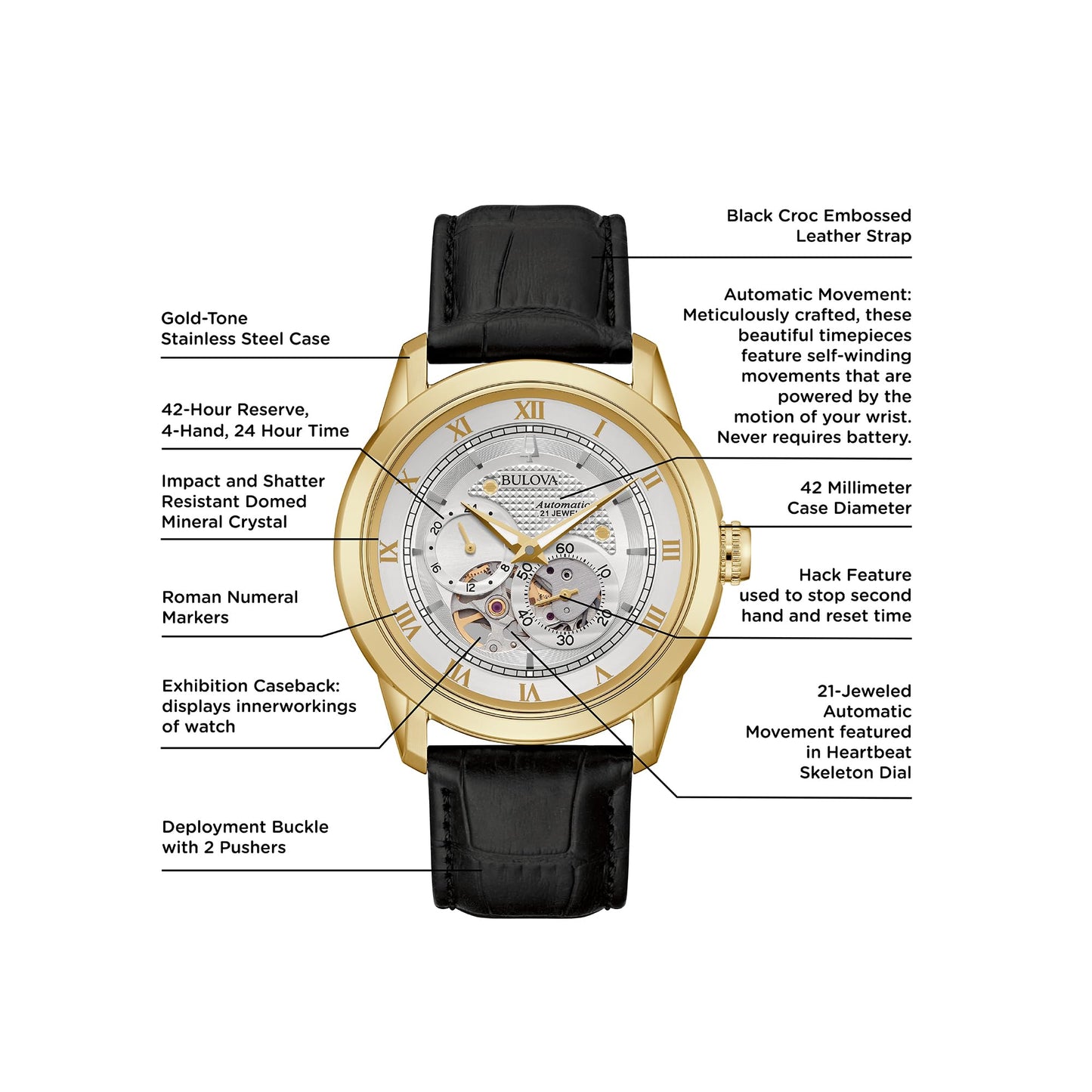 Bulova Men's Classic Sutton 4-Hand Automatic Watch with Gold Stainless Steel, Black Leather Strap,Open Aperture,Exhibition Caseback, Double Curved Mineral Crystal, 42mm (Model: 97A187)