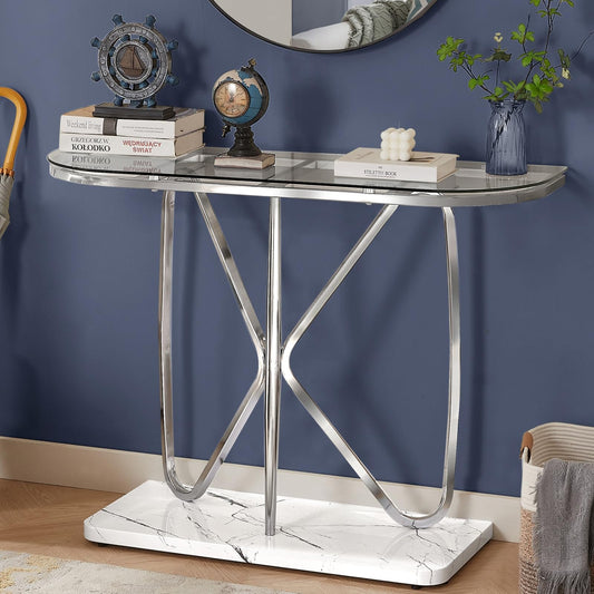 HOMISSUE Console Table, Modern Console Table with Tempered Glass Top and Chrome Frame, Glass Entryway Table with Marbling MDF Base, Chrome Console Table for Entryway, Hallway, Living Room (Silver)