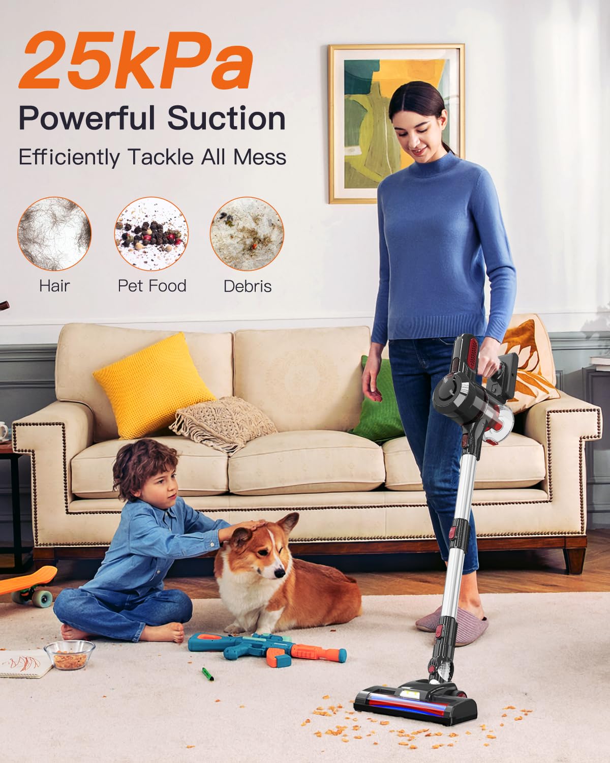 JYH Cordless Vacuum Cleaner, 25kPa Powerful Vacuum Cleaners for Home, Stick Vacuum Rechargeable with 2200mAh Detachable Battery, Up to 45 Mins, Portable Handheld Vacuum for Hardwood Carpet Pet Hair
