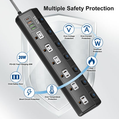 Power Strip with USB Ports,5FT Total 70W 4 USB Charging Station,USB-C(PD 20W) 3USB-A(QC20W*1,5V3A*2),Individually Switchable 1875W Extension Cord with 6 Outlets,Overload Protection
