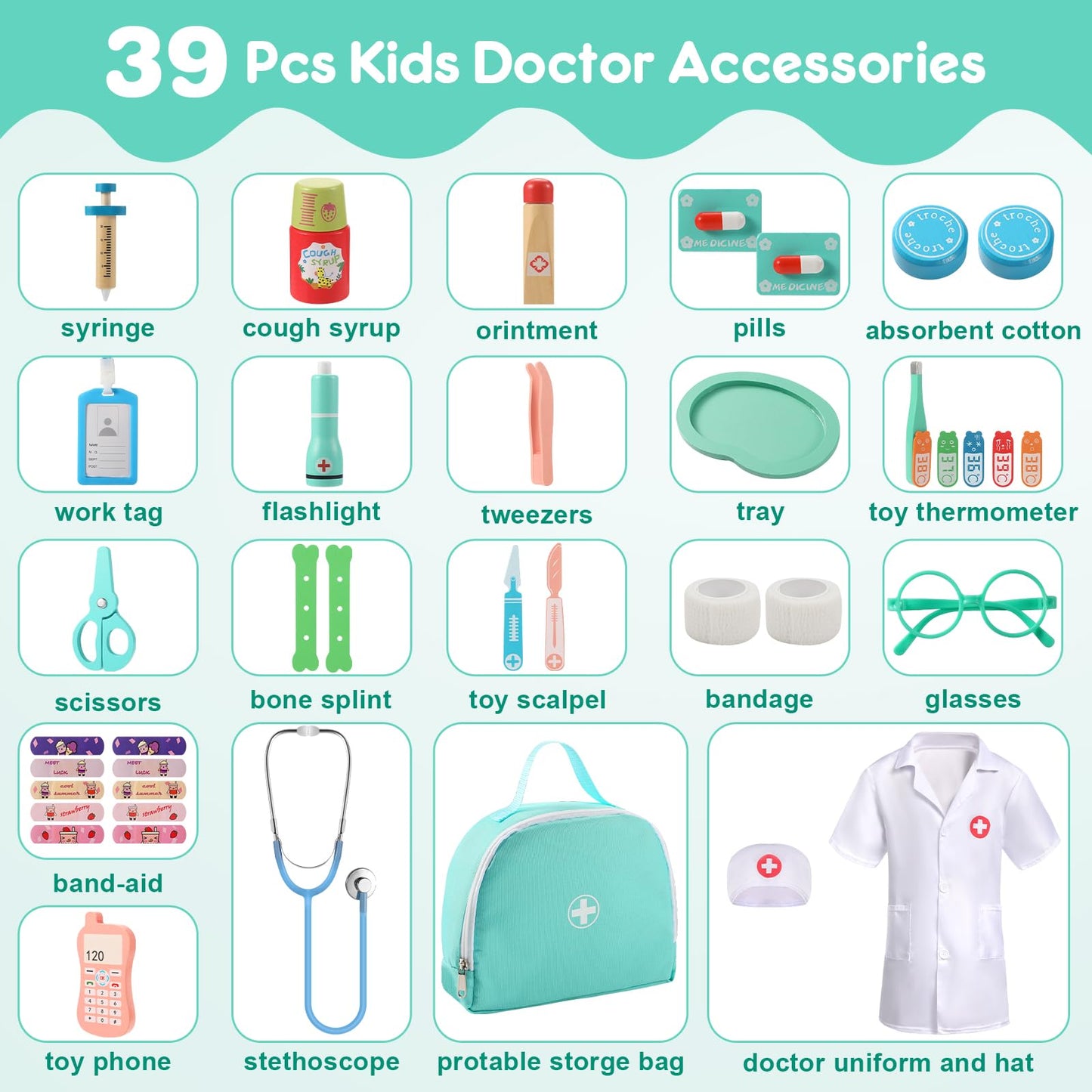 pataoli Doctor Kit for Kids,39 Pcs Pretend Play Doctor Set,Doctor kit for Toddlers 3-5 with Medical Bag,Stethoscope,Dress Up Costume and Wooden Accessories,Fun Role Playing Game