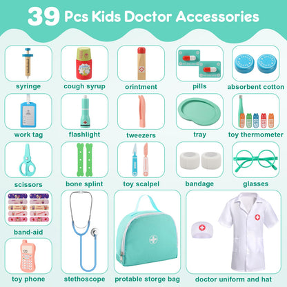 pataoli Doctor Kit for Kids,39 Pcs Pretend Play Doctor Set,Doctor kit for Toddlers 3-5 with Medical Bag,Stethoscope,Dress Up Costume and Wooden Accessories,Fun Role Playing Game