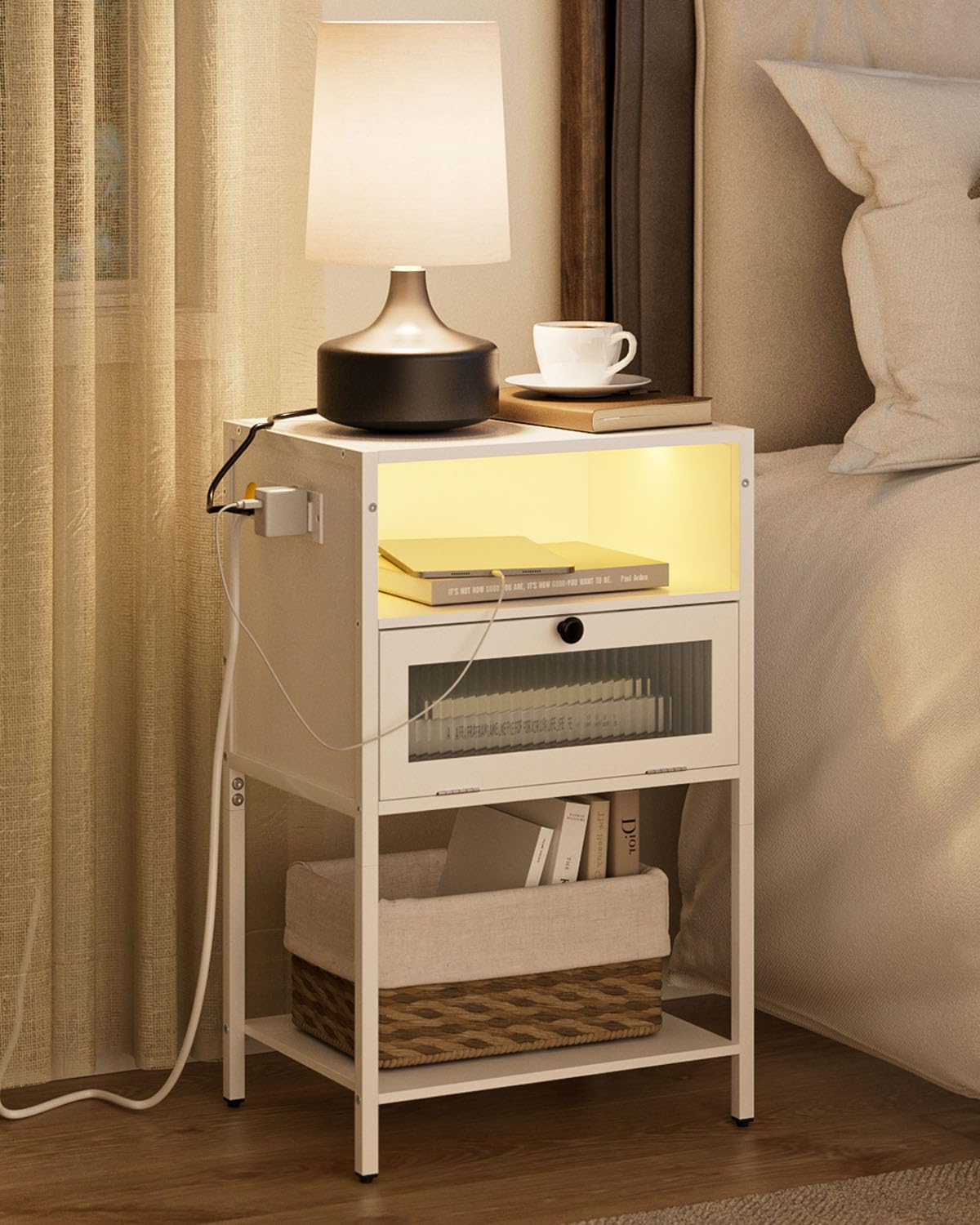 Masupu Nightstand with Charging Station and LED Lights, Bedside Table with Storage, Modern Side Table End Table with Glass Decorative Door for Bedroom, Living Room, White