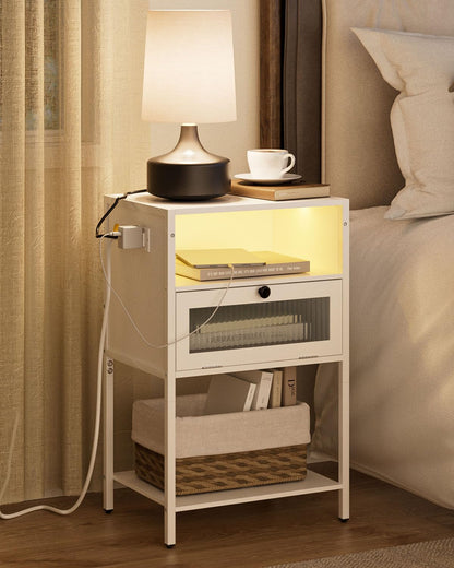 Masupu Nightstand with Charging Station and LED Lights, Bedside Table with Storage, Modern Side Table End Table with Glass Decorative Door for Bedroom, Living Room, White