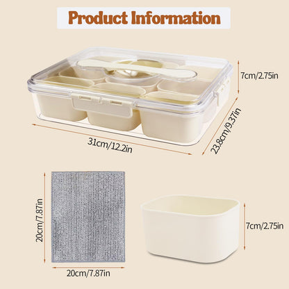 9 Compartments Divided Serving Tray with Lid and Handle, Snackle Box Container, Portable Snack Platters Organizer for Snacks,Fruit,Nuts.With 3 Double Layer Multifunctional Non-Scratch Wire Dishcloths