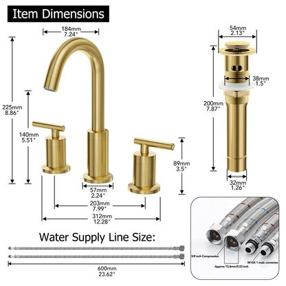 Phiestina Brushed Gold Bathroom Sink Faucet, Widespread 8 Inch 3 Hole Rotatable 360 Degree Modern Bathroom Faucet, with Pop Up Drain and Water Supply Line, WF03-1-BG