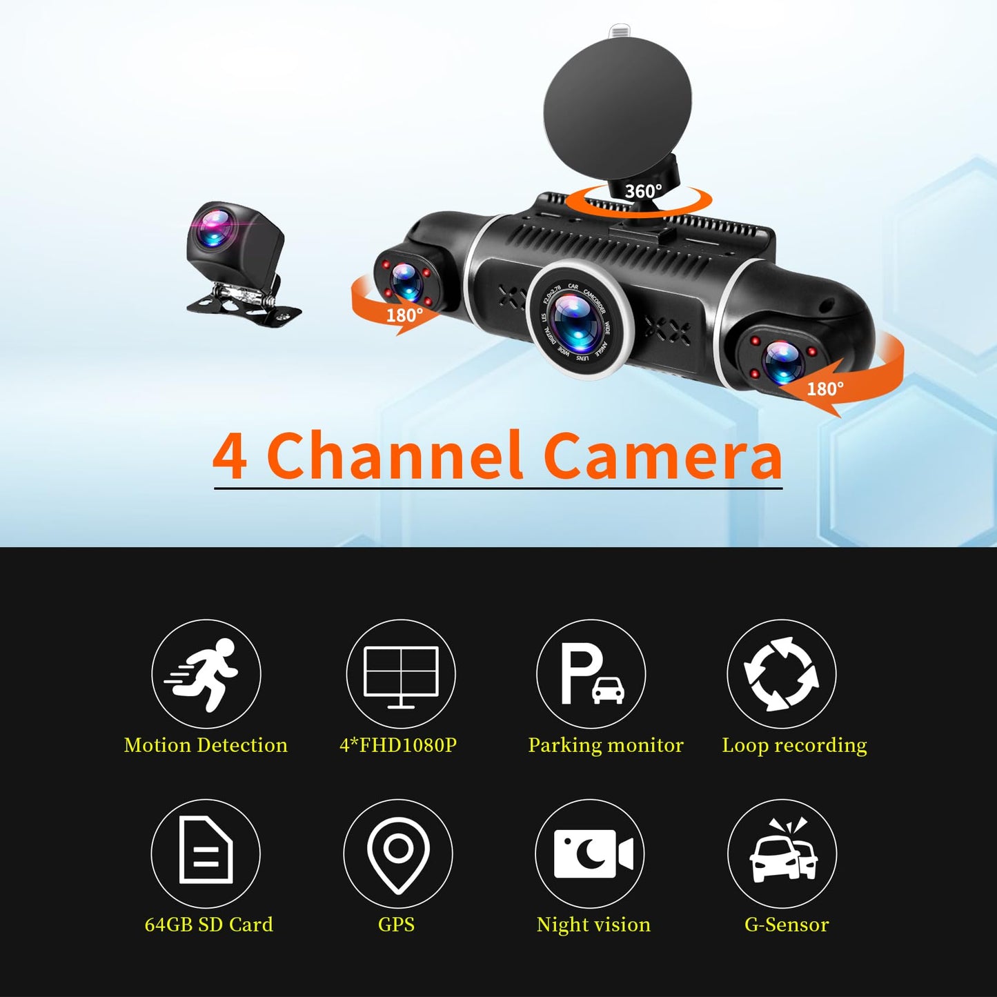 Zunfly 4 Channel Dash Cam, 360 Dash Camera FHD 1080P x 4 Dash Cam Front and Rear, 2K Front +1080P Inside*2 Car Camera with 64GB Card, Built-in WiFi GPS, Loop Recording, WDR, Night Vision