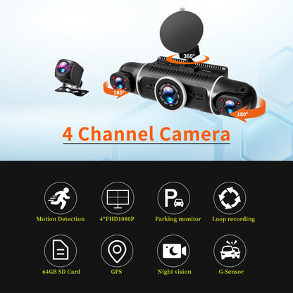 Zunfly 4 Channel Dash Cam, 360 Dash Camera FHD 1080P x 4 Dash Cam Front and Rear, 2K Front +1080P Inside*2 Car Camera with 64GB Card, Built-in WiFi GPS, Loop Recording, WDR, Night Vision