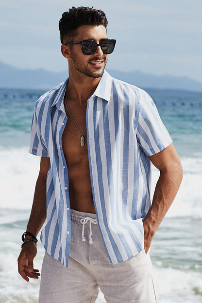 JMIERR Men's Summer Casual Stylish Short Sleeve Button-Down Shirts Cotton Linen Vertical Striped Dress Shirts Beach Hawaiian Shirt Cruise Wear Men, S, Sky Blue