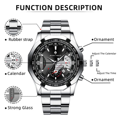 BY BENYAR AKNIGHT Watches for Men Quartz Movement Watch，Waterproof Luminous Men's Watch, Stainless Steel Strap Business Watches