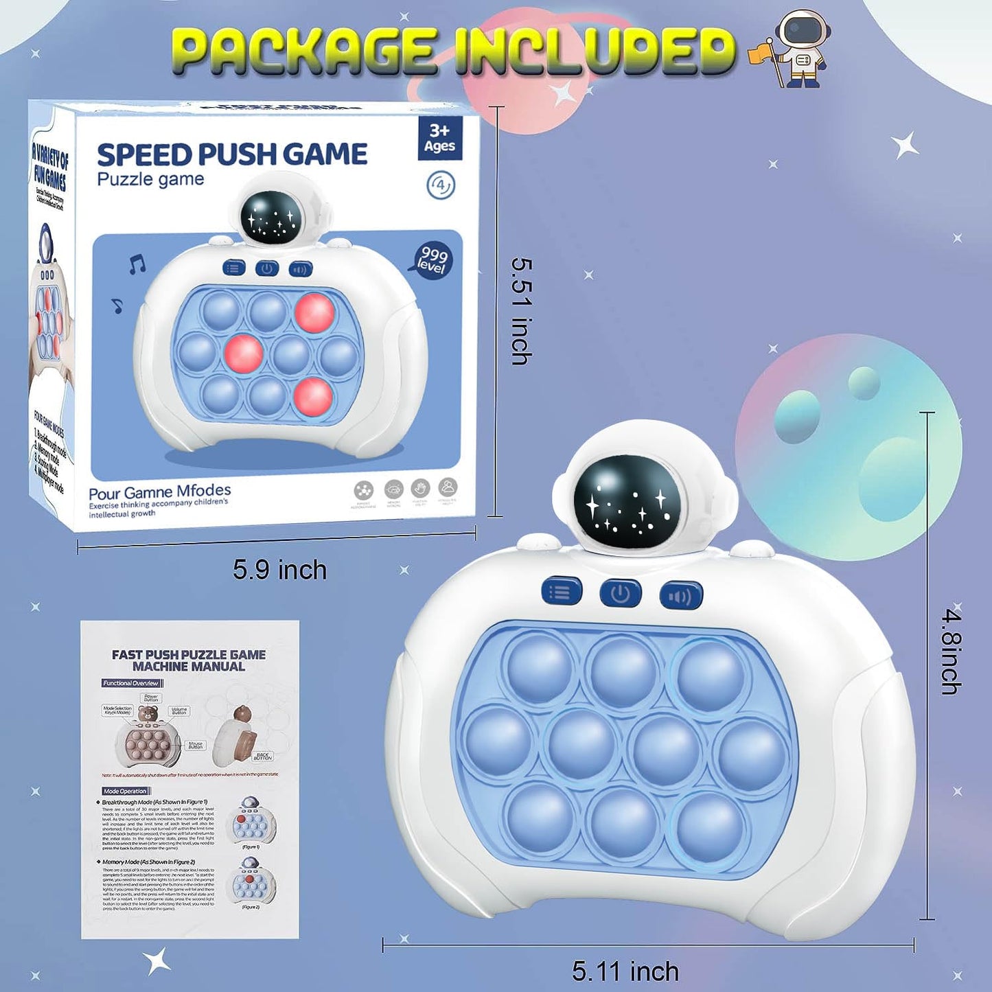 Handheld Game for Kids, Fast Push Game Fidget Toys Pop Game Bubble Game Console, Puzzle Game Machine, Light up Pop Game Kids Toys for Ages 3-12, Birthday Gift for Boys Girls