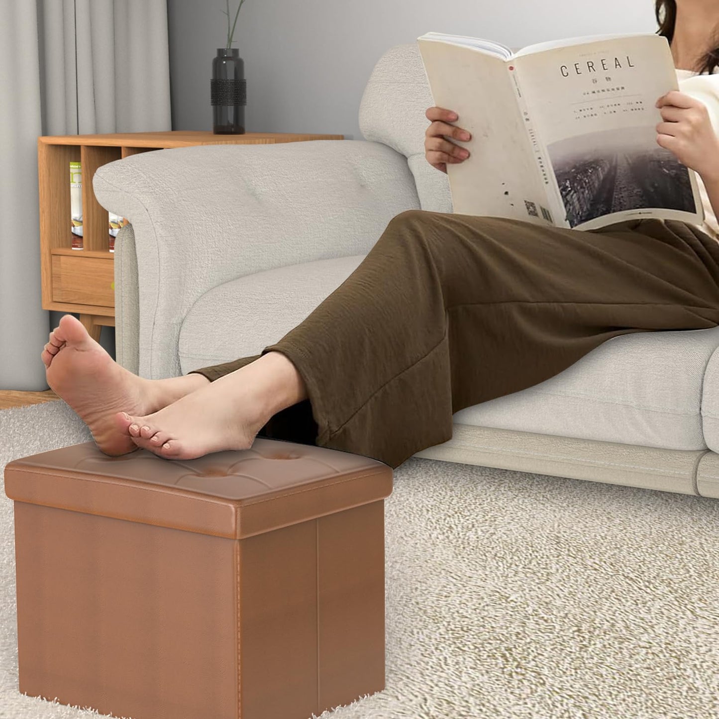 eMOUSE Brown Storage Ottoman Foot Rest