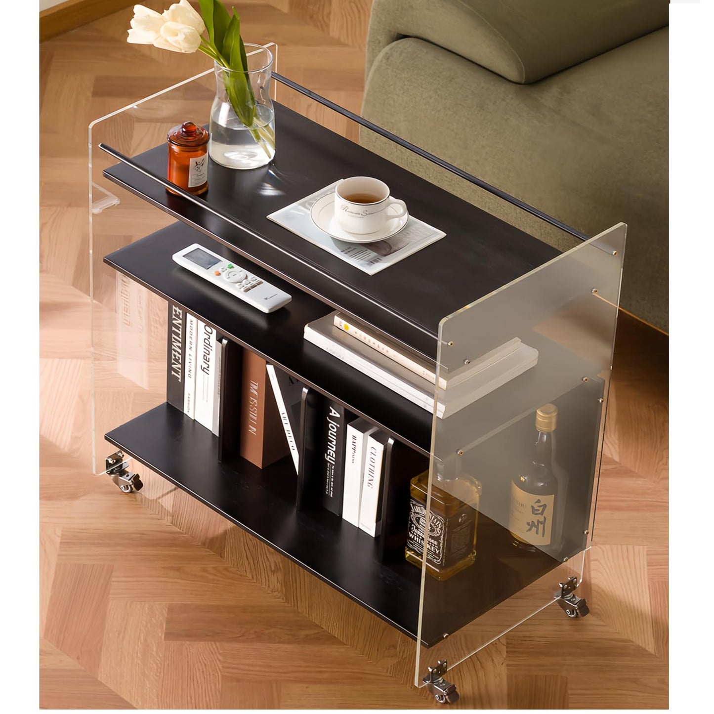 VRFRSX Acrylic Black Bar Cart,Wine Rack Cart,Wine Tea Liquor Shelve,Serving Carts,Kitchen Cart with Lockable Casters, Acrylic Home Furniture,26.4" L x 14.2" W x 27.6" H,3-Tier