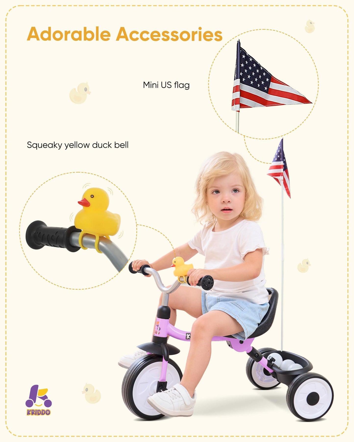 KRIDDO Foldable Kids Tricycle with Storage Basket