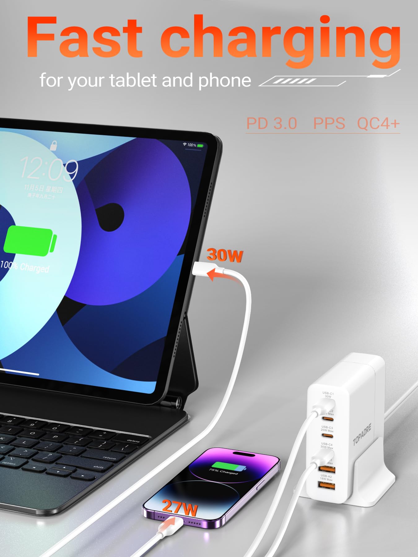 TOPADRE USB C Charger Block 80W, 6 Port Fast Charging Station Powered USB C Hub PD Charger for iPhone 15/14/13 Pro Max, iPad Pro/Air/Mini, for Samsung Galaxy S24, MacBook Pro/Air, White