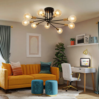 FRIDEKO HOME Modern Sputnik Ceiling Light- 9 Light Semi Flush Mount Ceiling Light Fixture Industrial Ceiling Lamp Black and Gold Chandelier for Farmhouse Kitchen Dining Room Bedroom Living Room