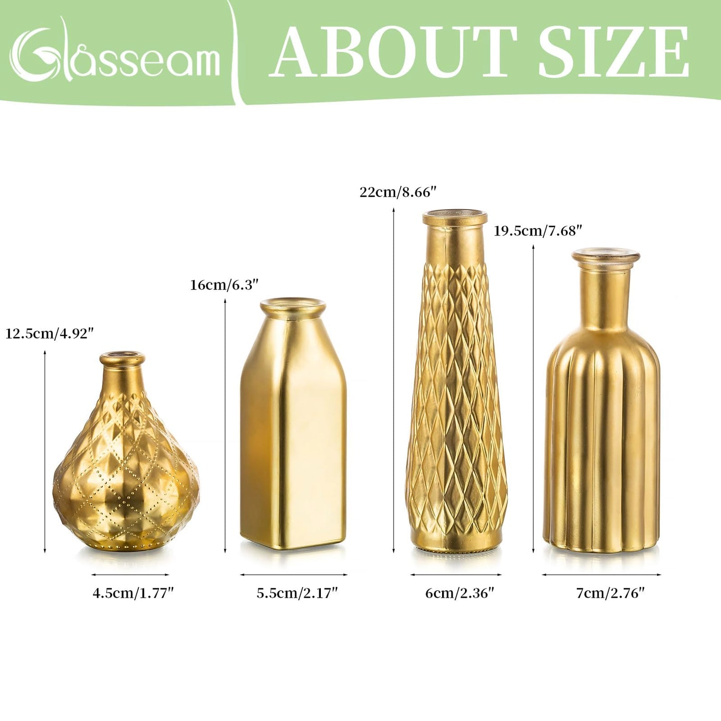 Glasseam Gold Glass Vase, 8pcs Cylindrical Home Decor, Antique Art Deco Style, Holds Water, Gold Electroplating Finish, Living Room Kitchen Bathroom Bedroom Decor, Table Centerpieces