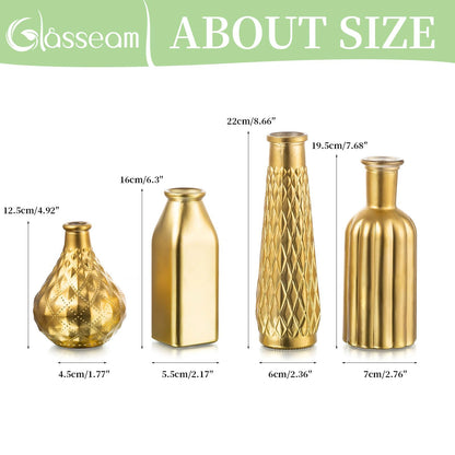 Glasseam Gold Glass Vase, 8pcs Cylindrical Home Decor, Antique Art Deco Style, Holds Water, Gold Electroplating Finish, Living Room Kitchen Bathroom Bedroom Decor, Table Centerpieces
