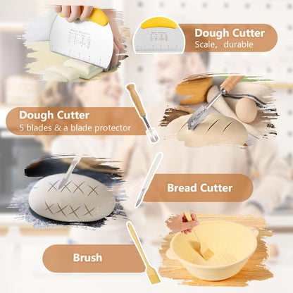 Gardon Sourdough Starter Kit Bread Baking Supplies, 2 Silicone Bread Proofing Baskets with Scrapper and 19 Other Bread Making Tool, Gift for Mother, Wife, and Any Baker - Brown (10" Oval + 9" Round)