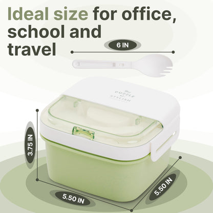 Earth&ME Bento Lunch Box For Kids Adults, 1100 Ml Lunch Box Container With 2 Floors 3 Compartments, Leak-proof Sauce Container, Spork, Bento Box For School Office Travel, Green